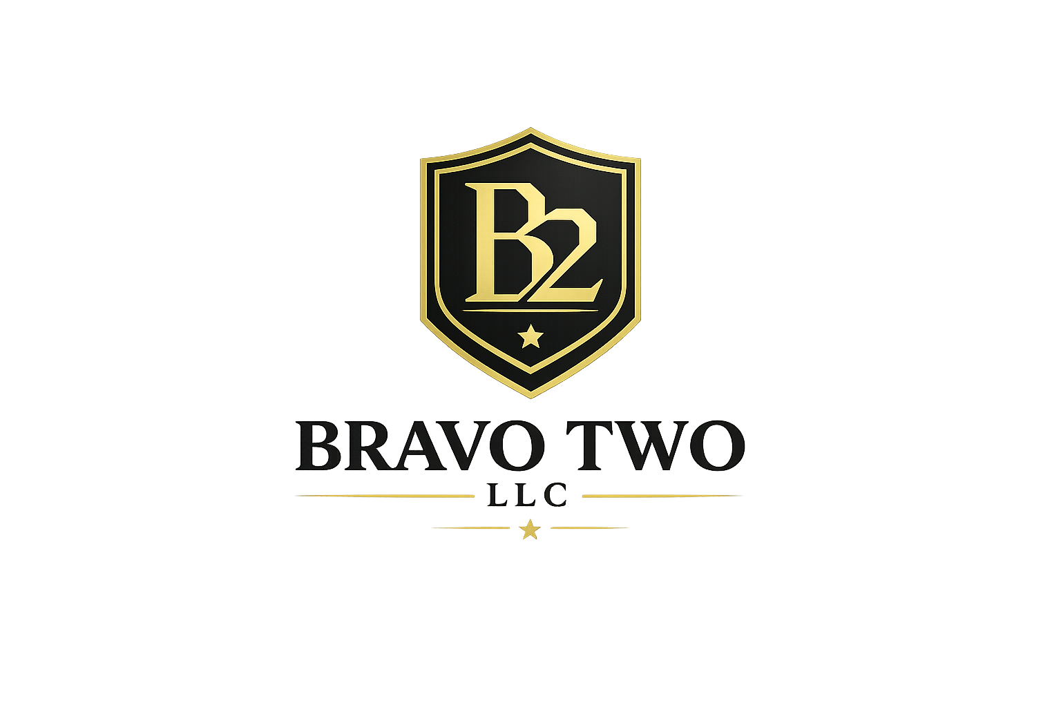 Bravo Two LLC logo — black and gold shield with B2 monogram