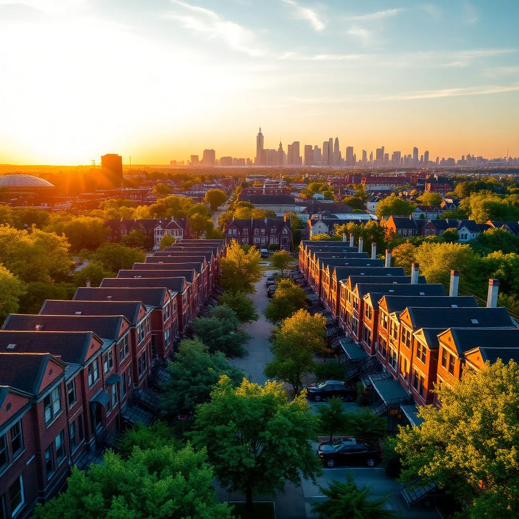 Aerial view of a revitalized Baltimore neighborhood at golden hour