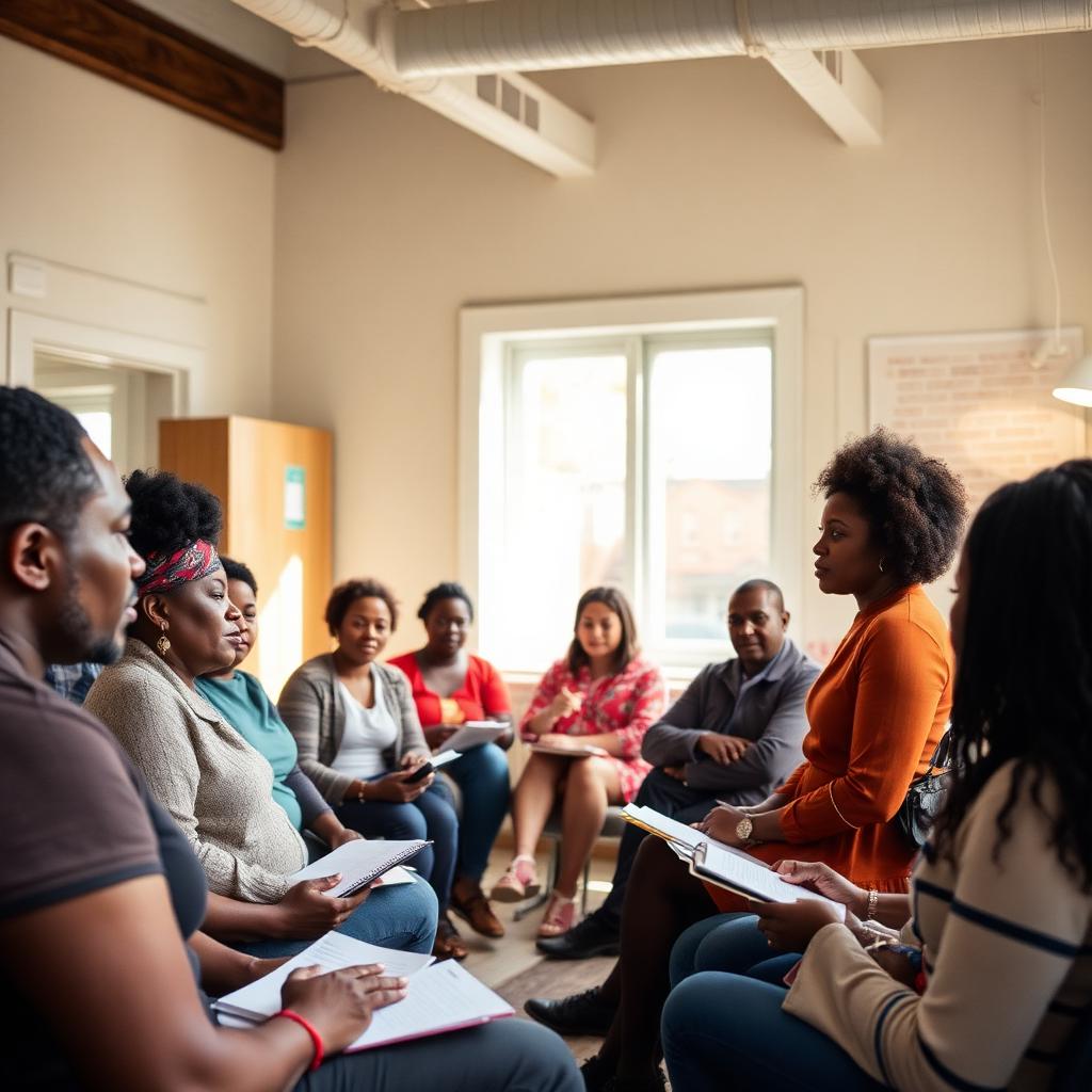 Neighbors gathered for a community meeting in a sunlit room