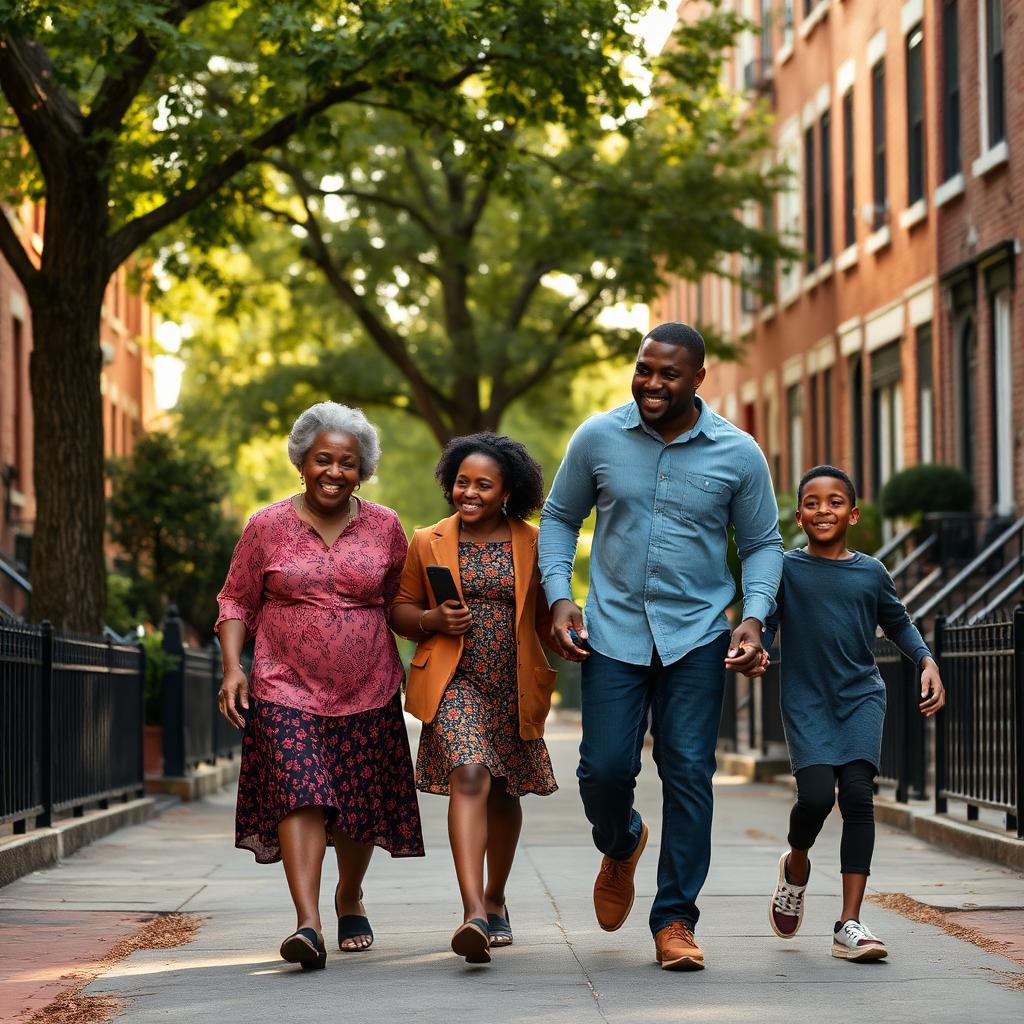 A multigenerational family walking together in a tree-lined neighborhood