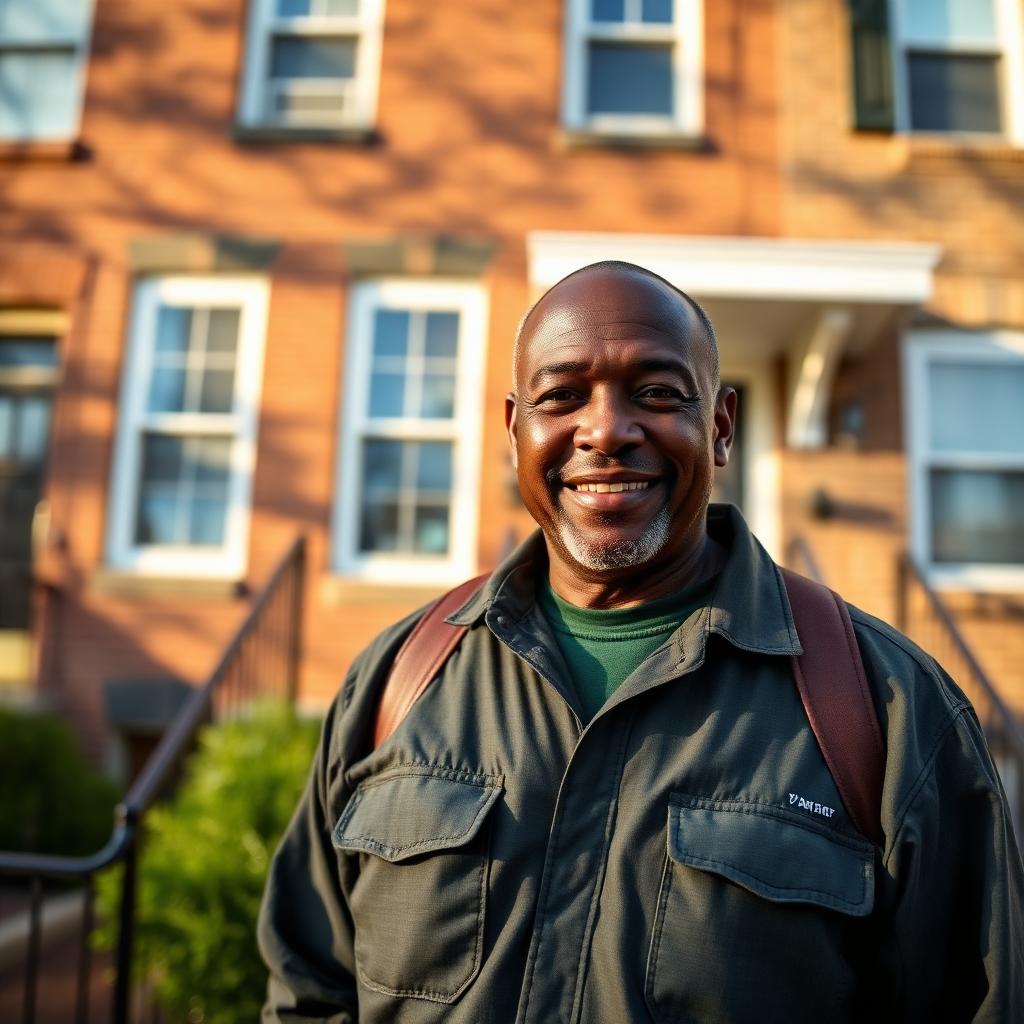 Black US military veteran smiling in front of a restored Baltimore rowhome