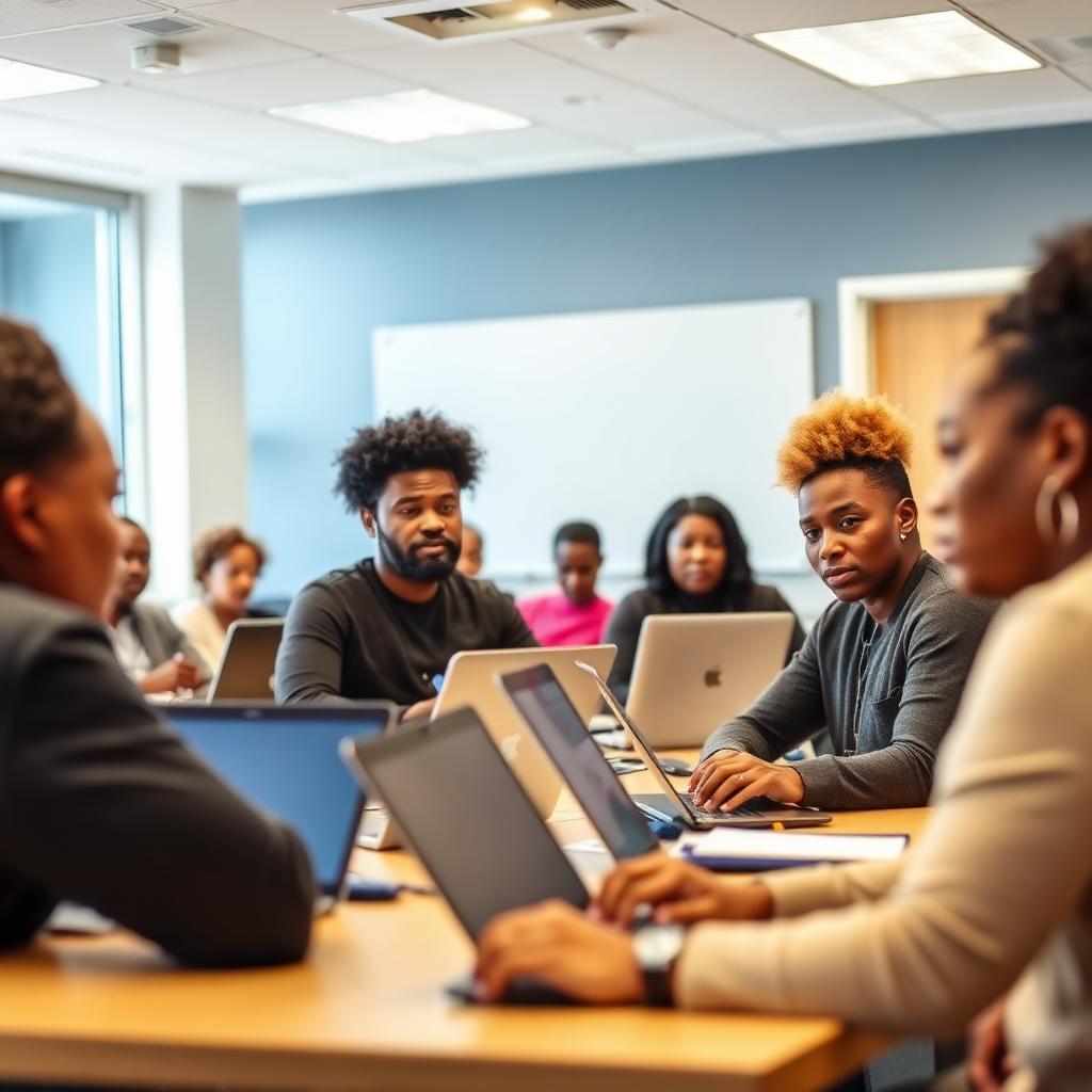 Adult learners working on laptops in a Baltimore workforce training class