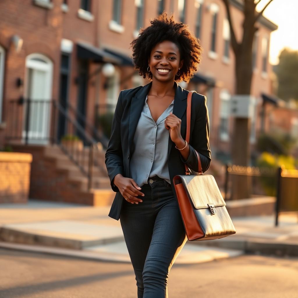 Young Black professional walking confidently in a Baltimore neighborhood